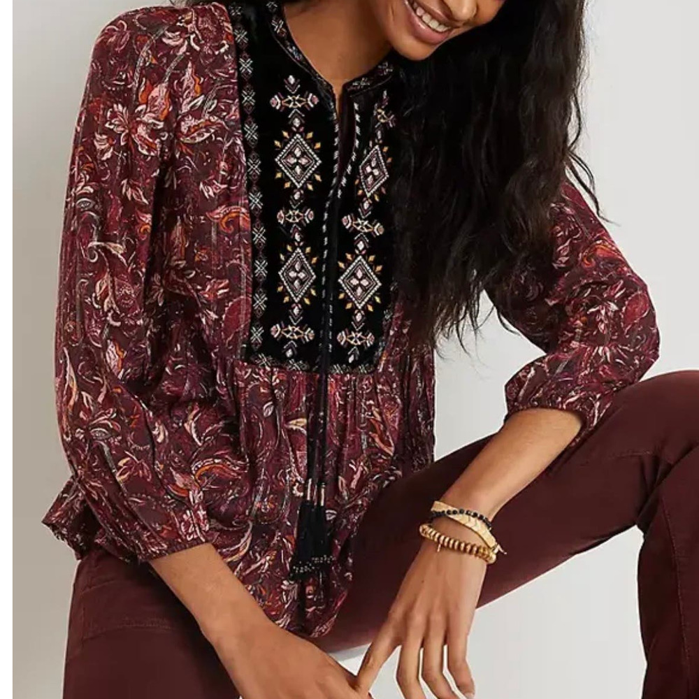 Anthropologie Daniel Rainn Glenda Merlot Embroidered Blouse Women's Size Medium